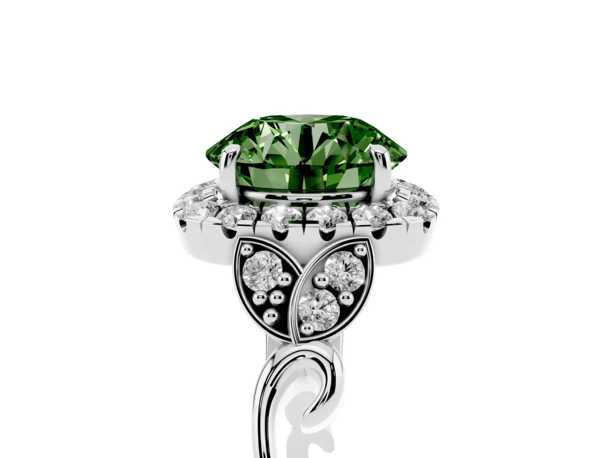 Fancy Green Round Cut Halo Diamond Engagement Ring with Vintage-Inspired Band and Four-Prong Setting Silver