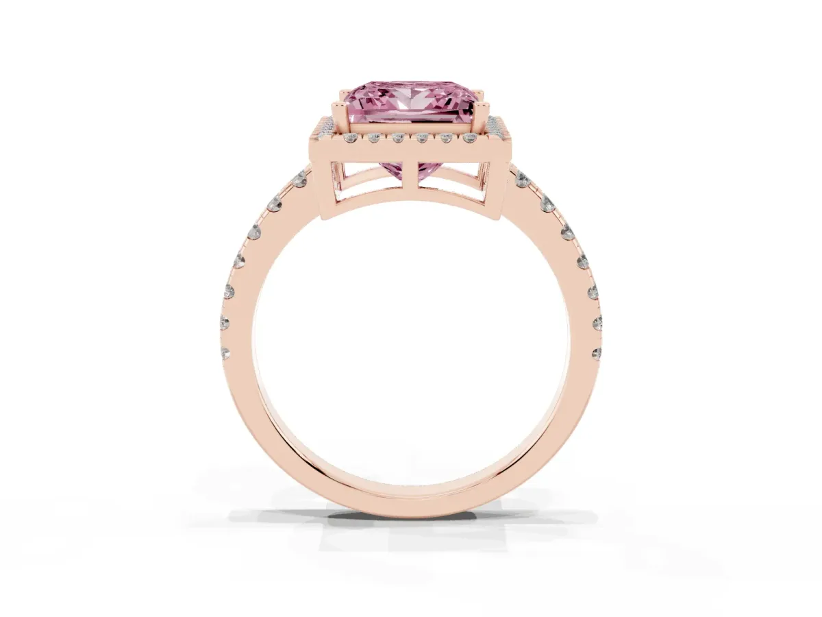Fancy Pink Princess Cut Diamond Halo Ring with Pavé Band and Four-Prong Setting Rose gold