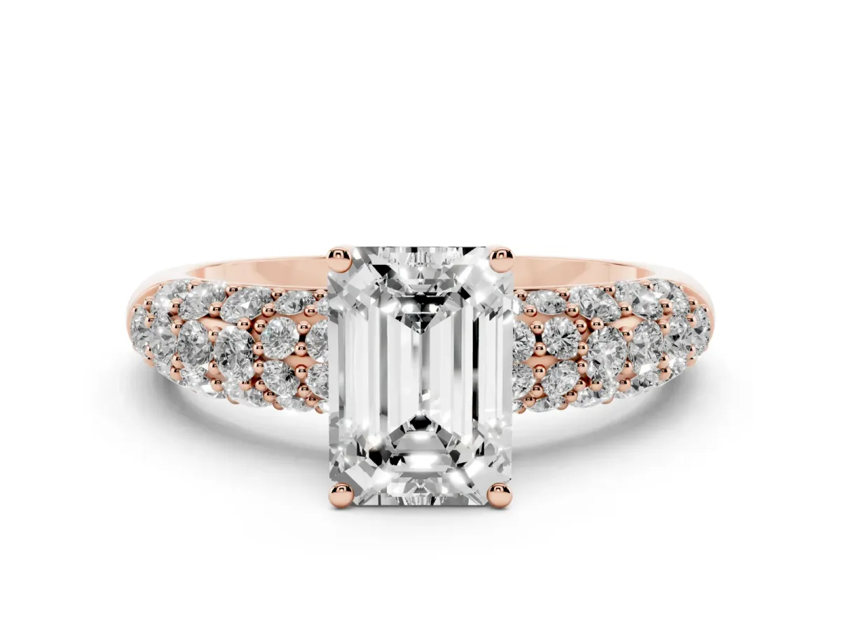 Emerald Cut Diamond Pavé Band Solitaire Ring with Four-Prong Setting Rose gold