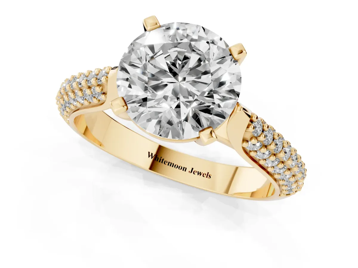Round Cut Diamond Solitaire Engagement Ring with Multi-Row Round Pavé Band and Prong Setting Yellow gold