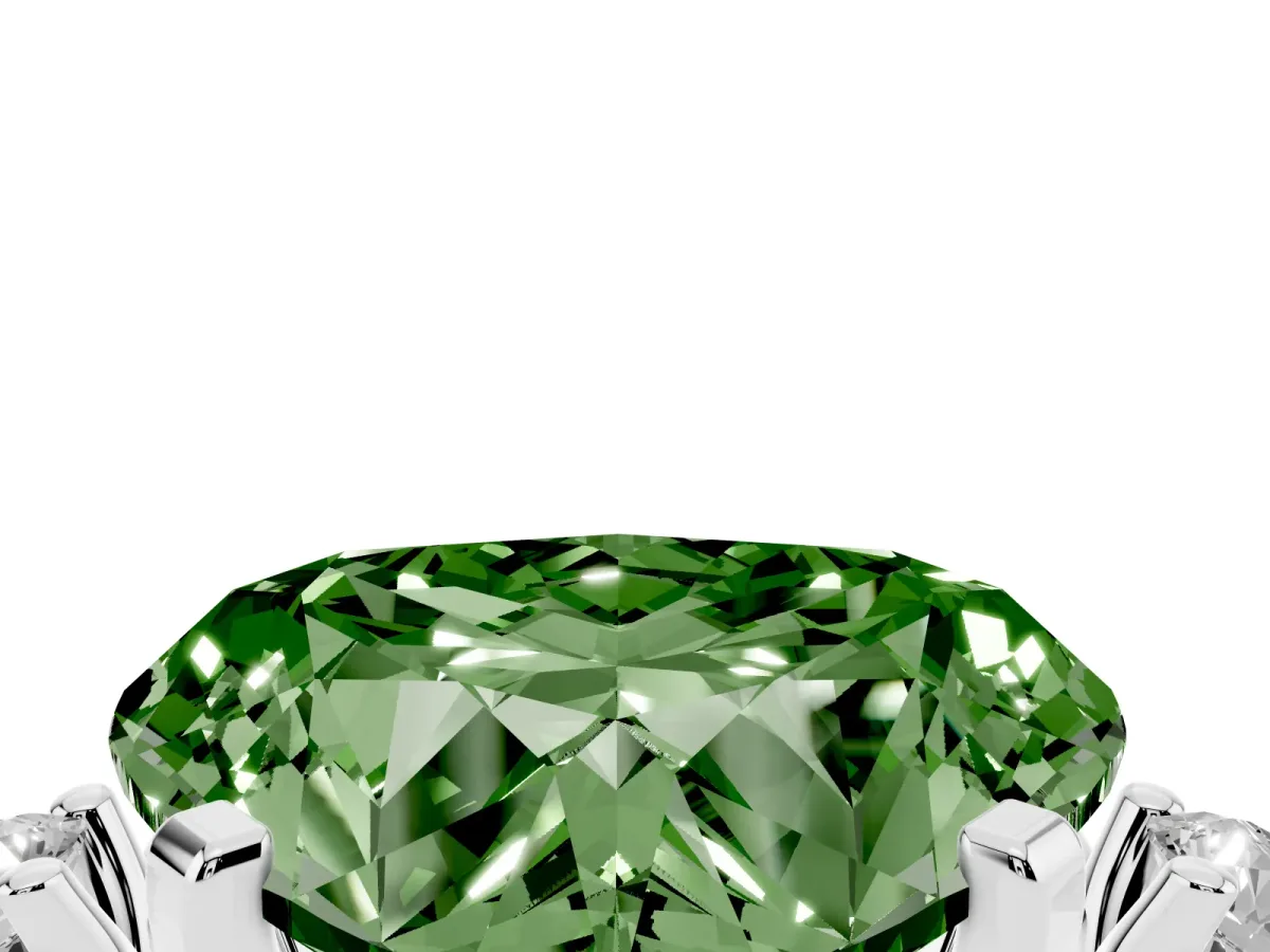 Fancy Green Heart Cut Cut Three-Stone Solitaire Ring with Round Accent Diamonds and Four-Prong Setting White gold