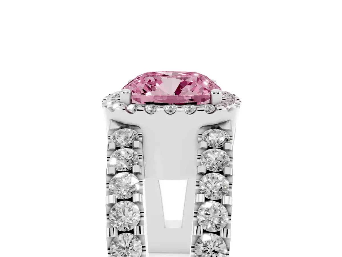 Fancy Pink Cushion Cut Cut Halo Split Shank Diamond Ring with Four-Prong Setting Silver
