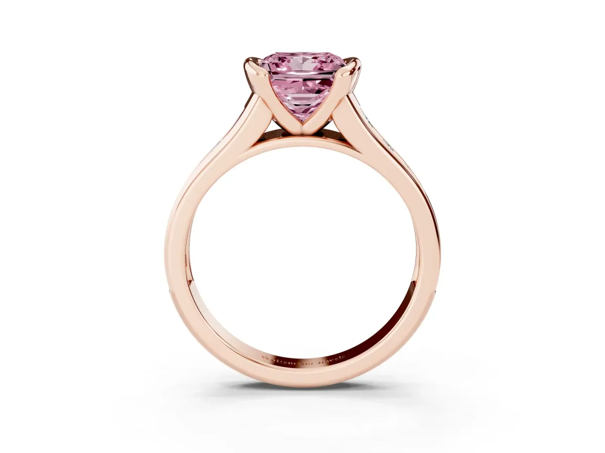 Fancy Pink Princess Cut Solitaire Bezel-Set Diamond Ring with Channel-Set Band Rose gold