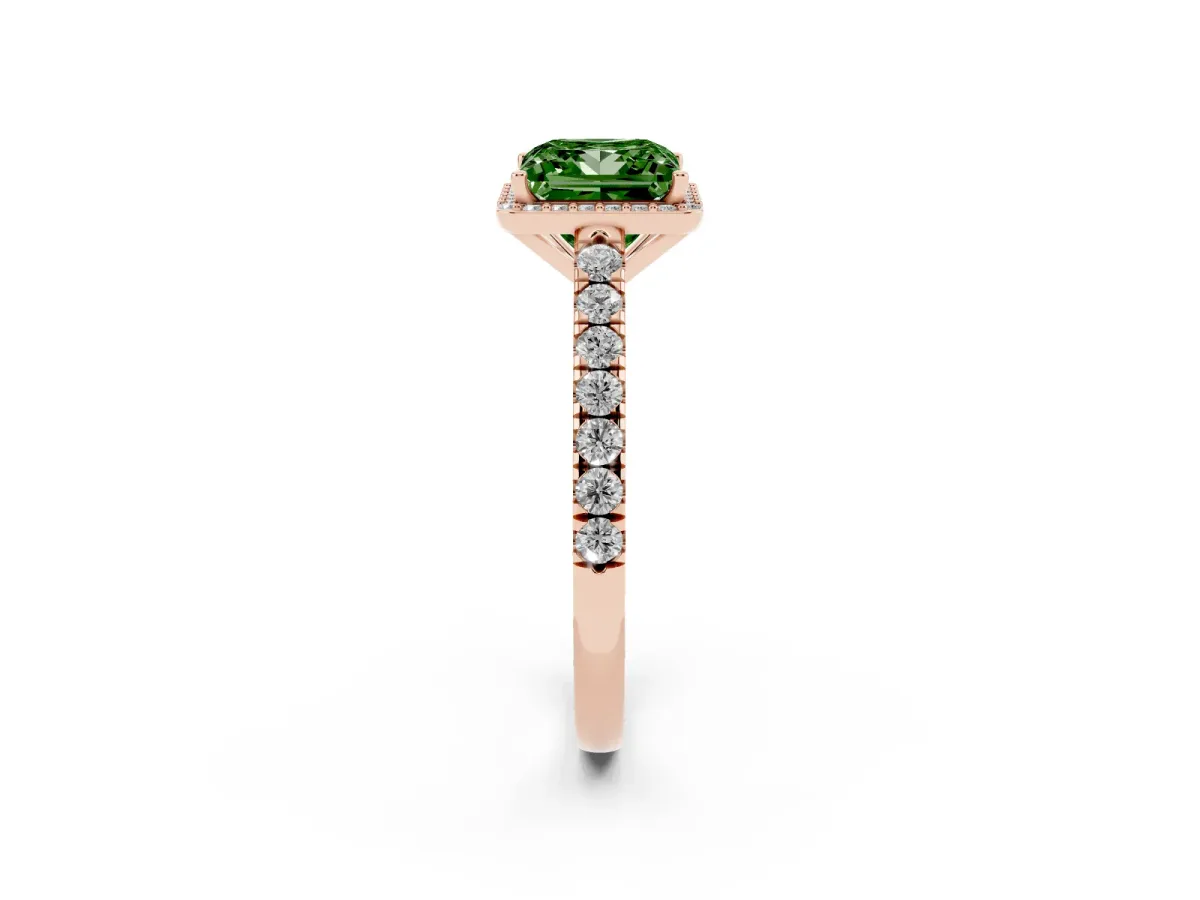 Fancy Green Princess Cut Cut Halo Diamond Engagement Ring with Pave Band and Four-Prong Setting Rose gold
