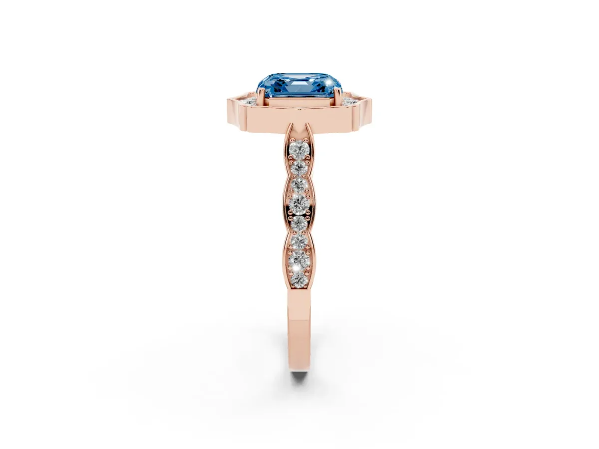 Fancy Blue Asscher Cut Halo Diamond Engagement Ring with Milgrain Band and Four-Prong Setting Rose gold