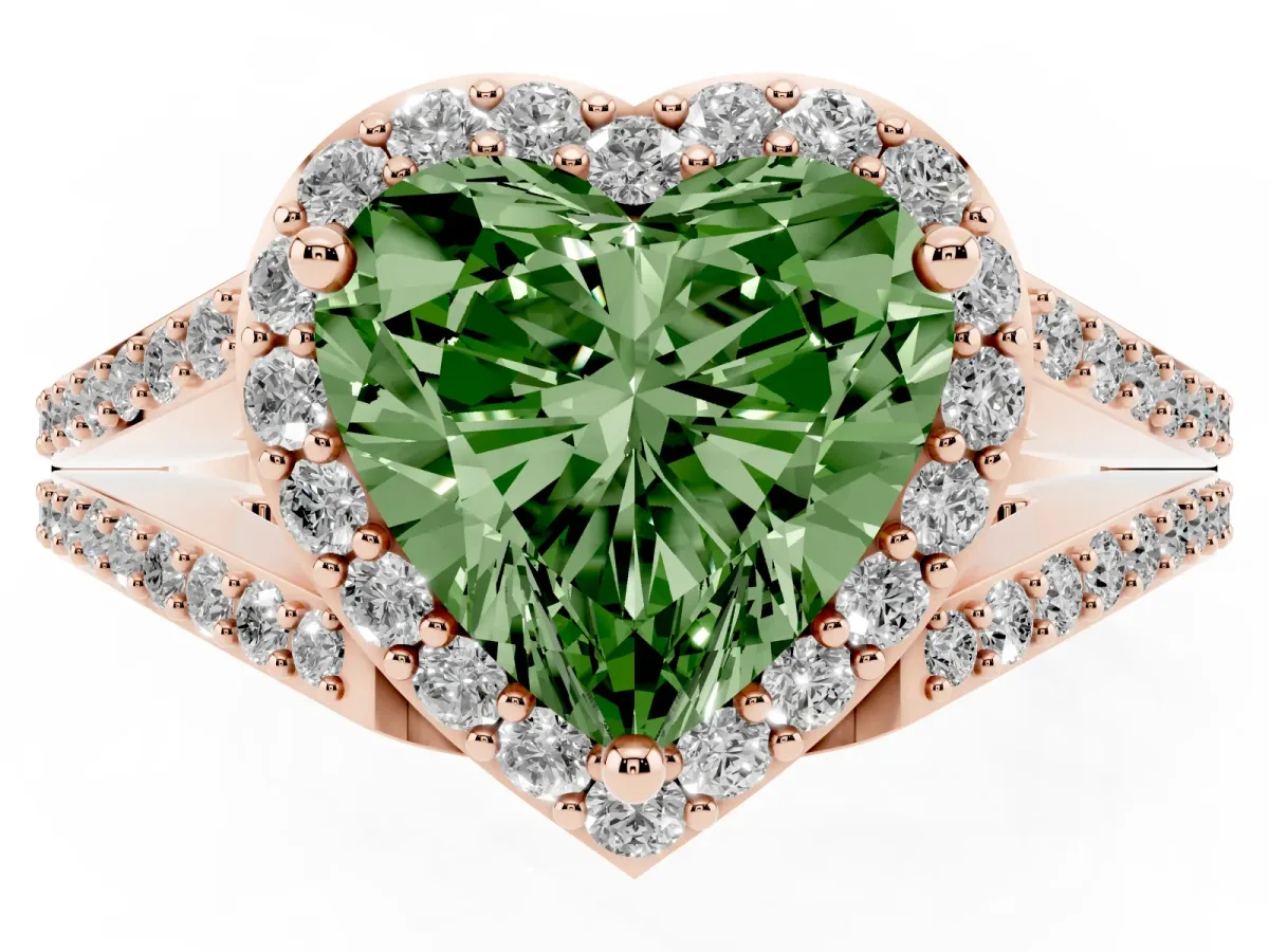 Fancy Green Heart Cut Halo Split Shank Pave Diamond Ring with Four-Prong Setting Rose gold