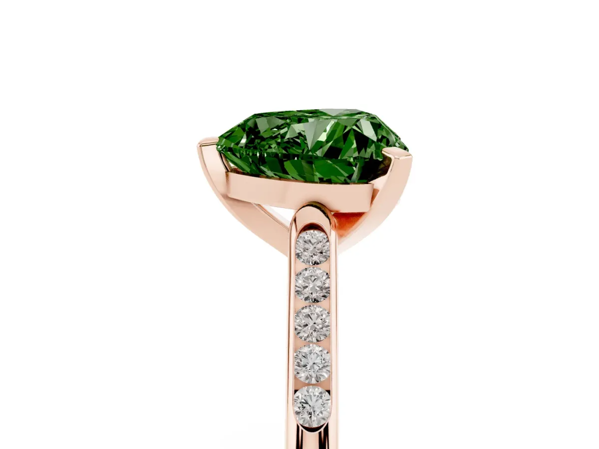 Fancy Green Heart Cut Diamond Solitaire Ring with Channel Set Round Band and Prong Setting Rose gold
