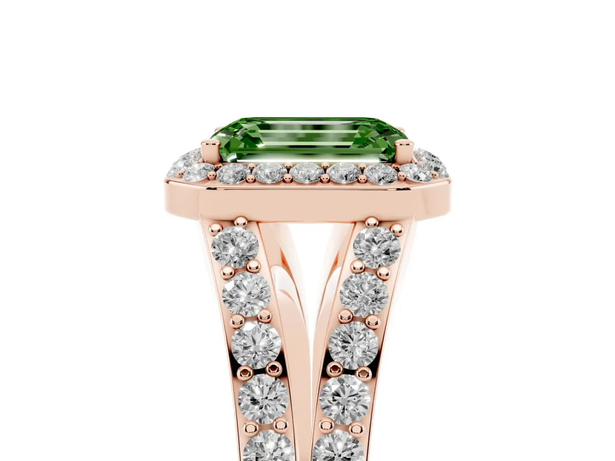 Fancy Green Emerald Cut Diamond Split Shank Halo Ring with Four-Prong Setting Rose gold