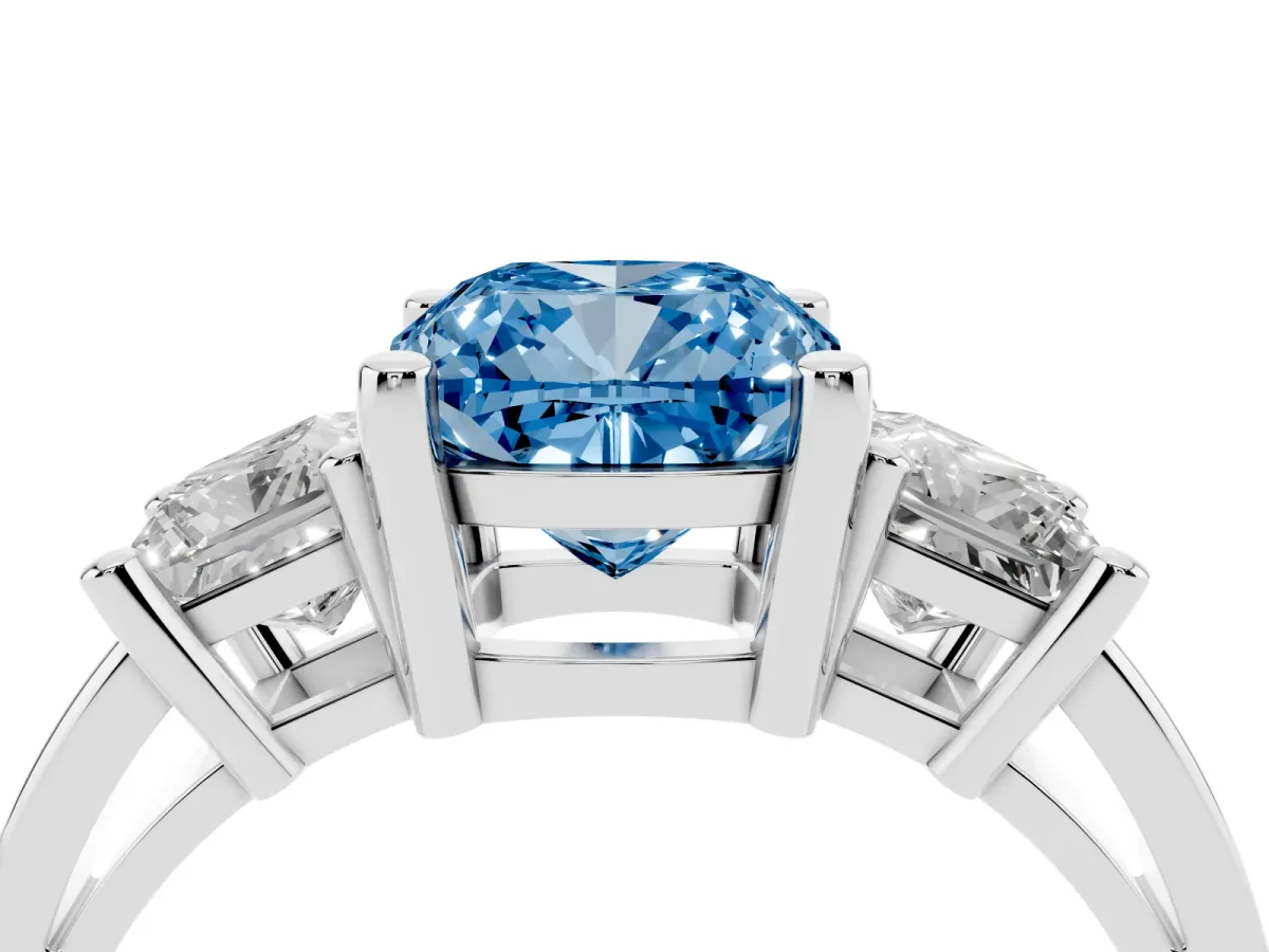 Fancy Blue Three-Stone Cushion Cut Cut Solitaire Ring with Prong Setting Platinum