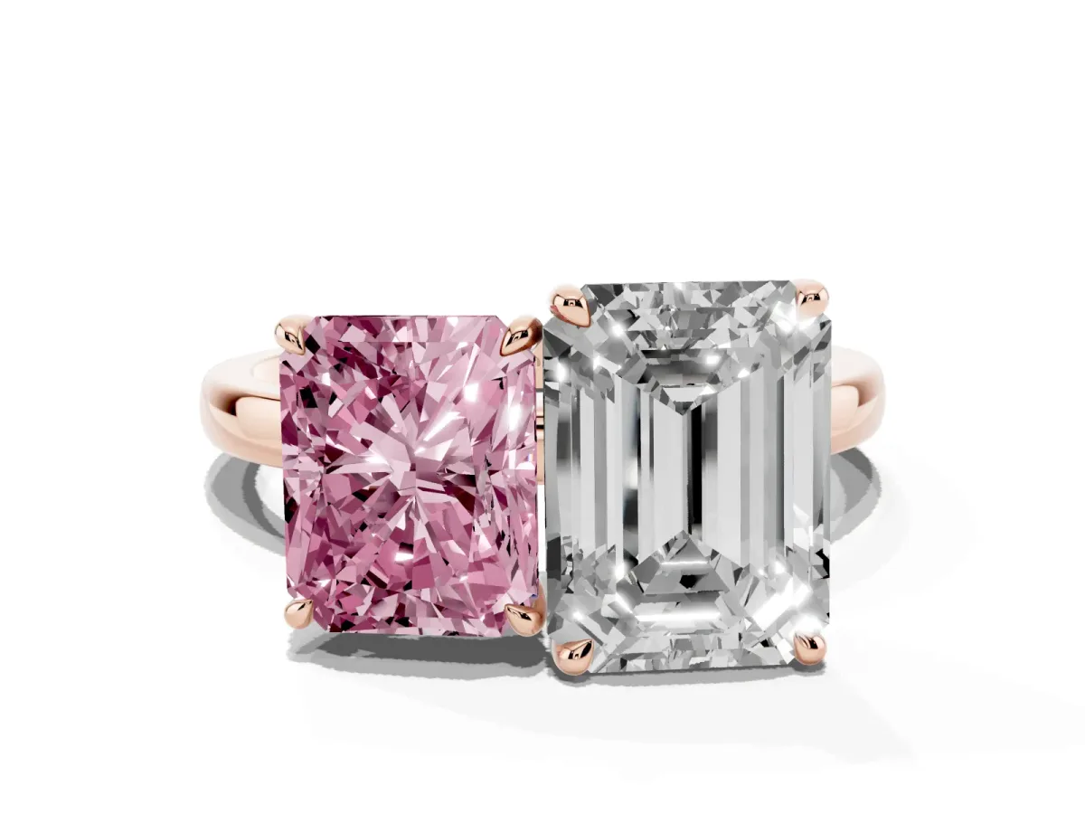 Fancy Pink Radiant Cut and Emerald Cut Toi Moi Ring with Prong Setting Rose gold