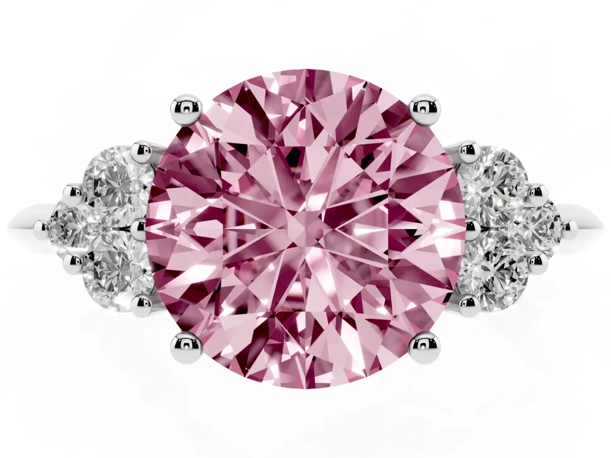 Fancy Pink Round Cut Cut Diamond Cluster Ring with Solitaire Band and Four-Prong Setting Silver