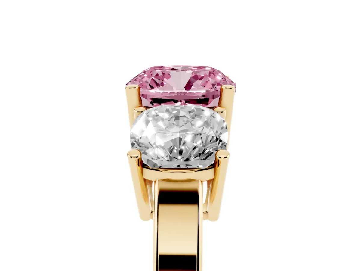 Fancy Pink Three-Stone Cushion Cut Cut Diamond Engagement Ring with Flat Band and Four-Prong Setting Yellow gold