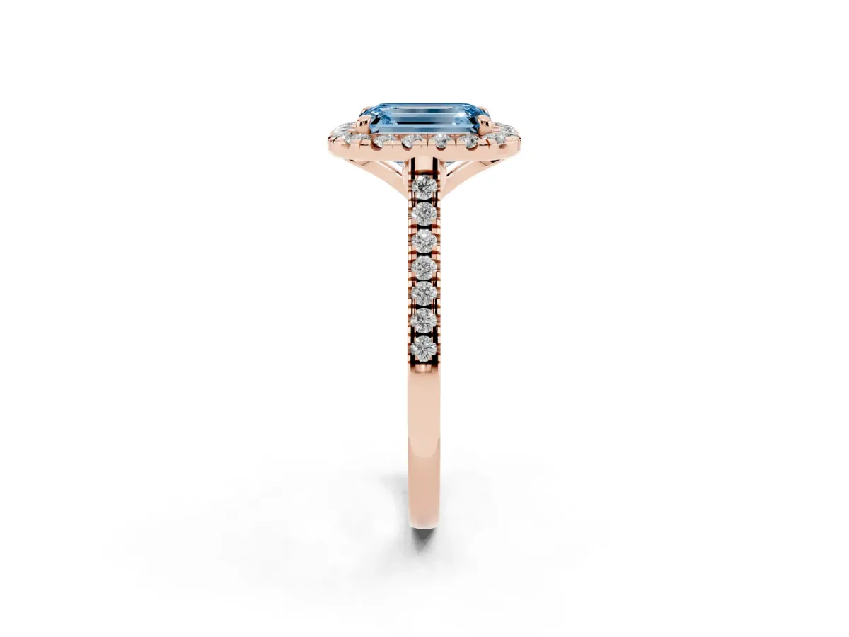 Fancy Blue Emerald Cut Diamond Cushion Halo Ring with Pavé Band Rose gold