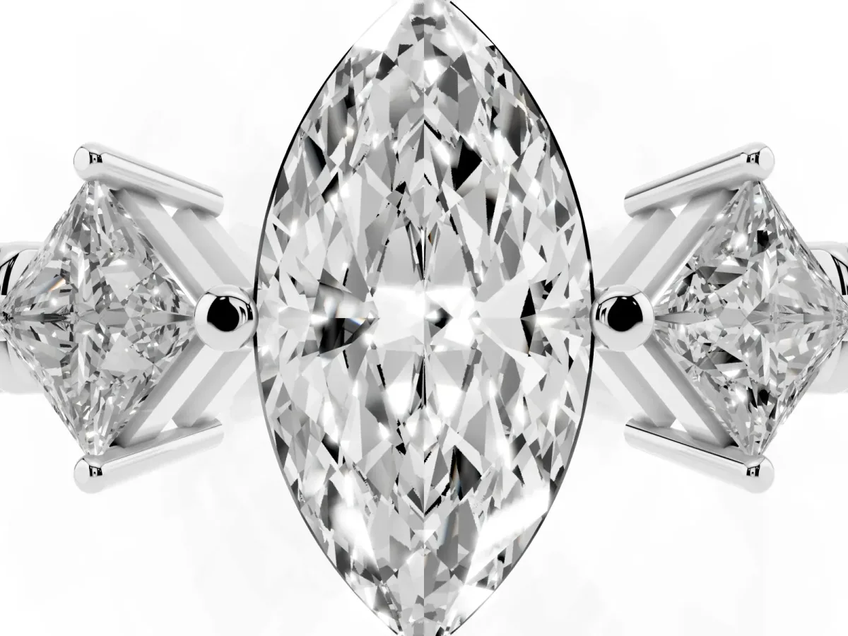 Three-Stone Marquise Cut and Princess Cut Diamond Ring with Channel Band and Four-Prong Setting White gold