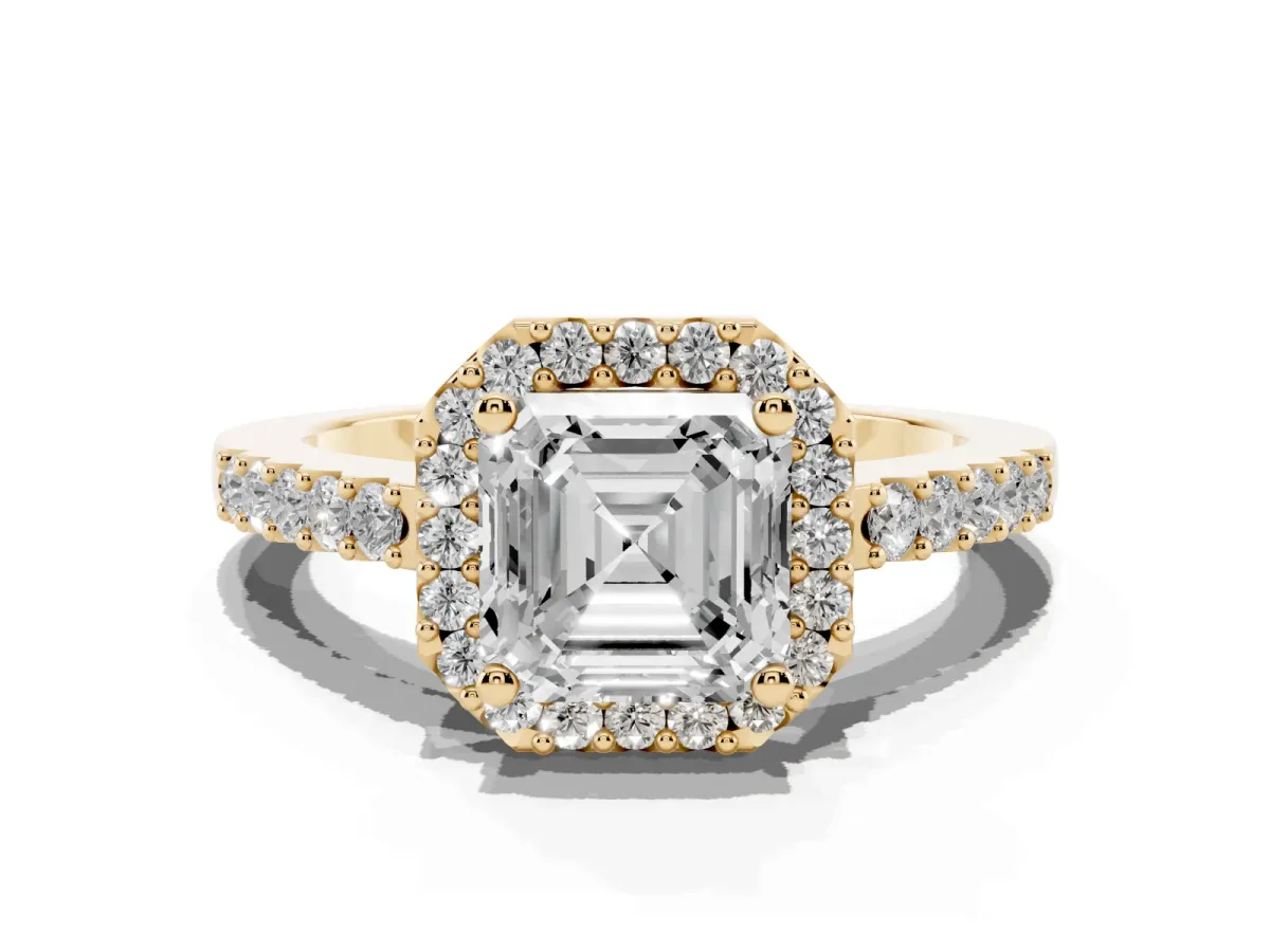 Asscher Cut Halo Diamond Pavé Solitaire Ring Yellow gold