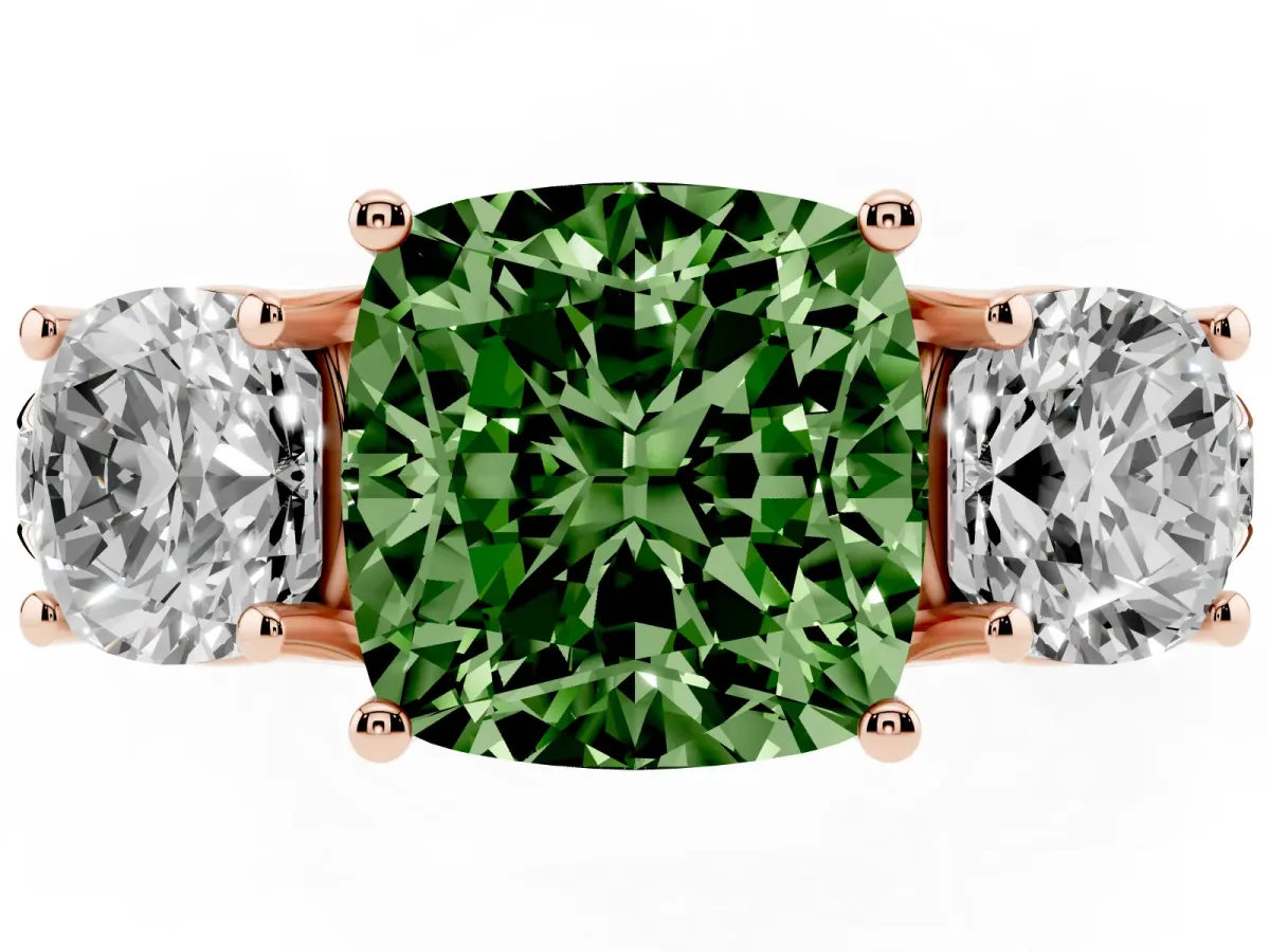 Fancy Green Three-Stone Cushion Cut Diamond Pavé Band with Prong Setting Rose gold