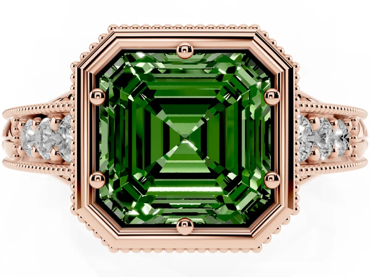 Fancy Green Bezel Set Asscher Cut Diamond Milgrain Pave Engagement Ring Rose gold