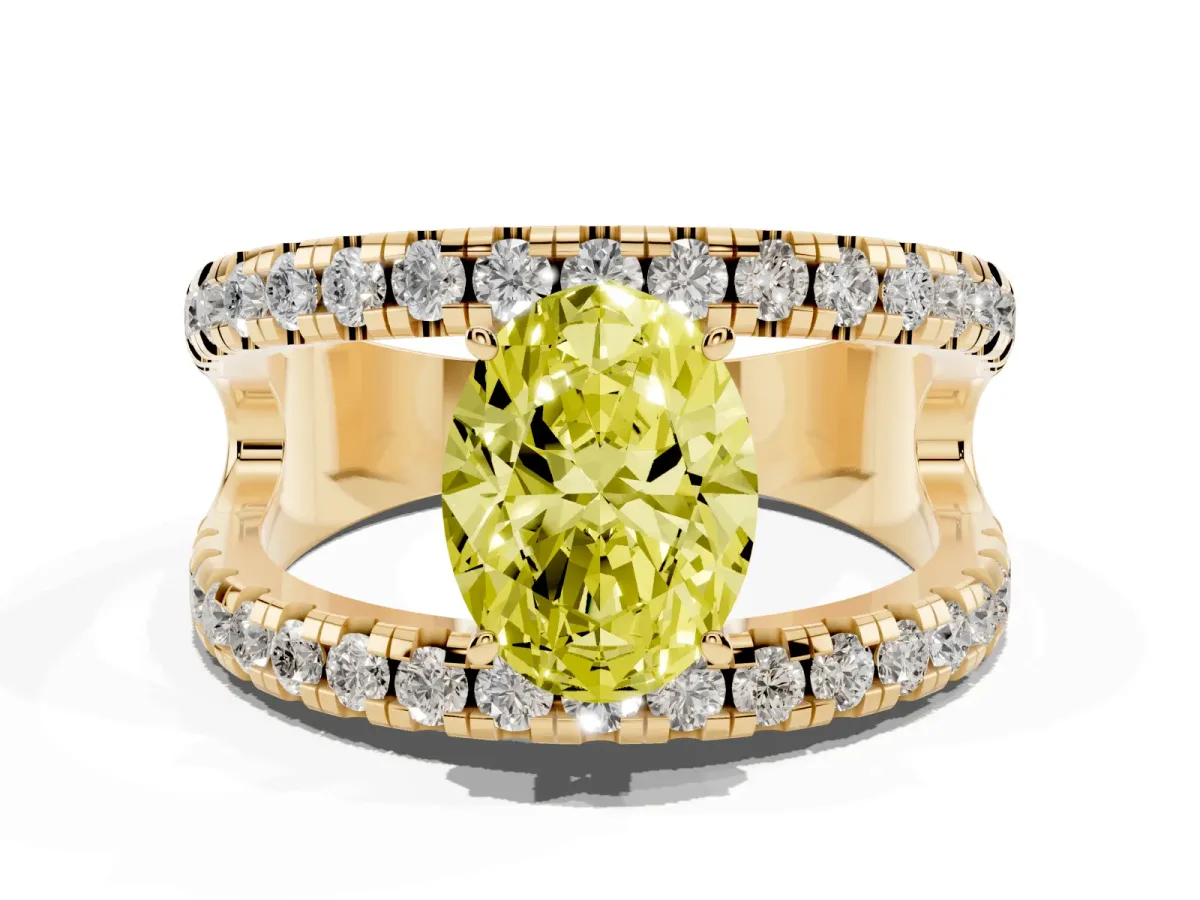 Fancy Yellow Oval Cut Solitaire Split Shank Pave Diamond Ring Yellow gold