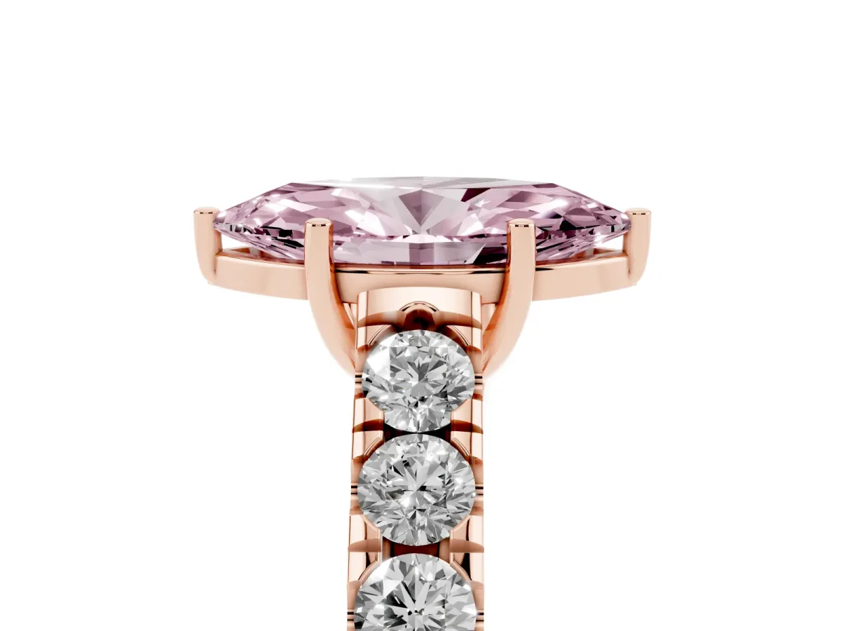 Fancy Pink Marquise Cut Cut Diamond Solitaire Ring with Micro Pave Band and Prong Setting Rose gold