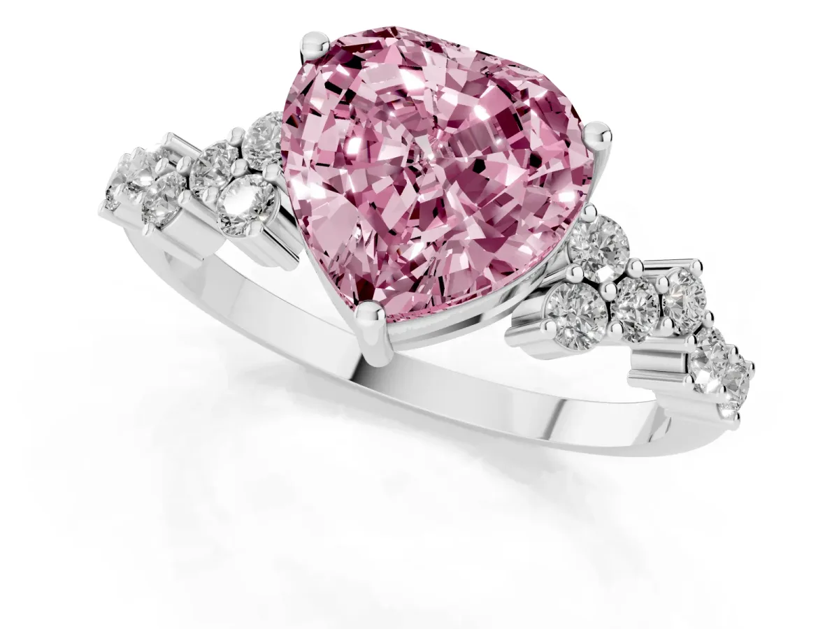 Fancy Pink Heart Cut Diamond Scattered Round Accent Ring with Prong Setting White gold