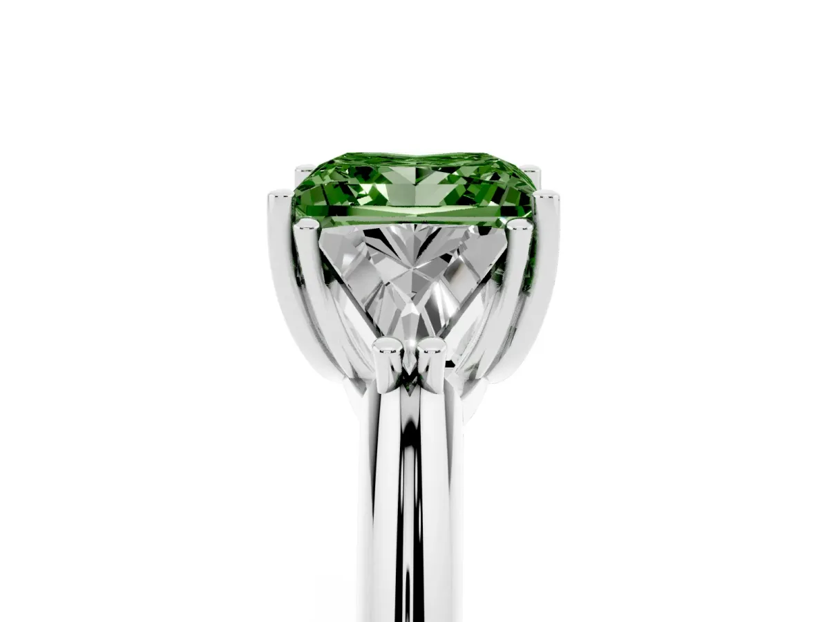 Fancy Green Three-Stone Princess Cut Diamond Engagement Ring with Trillion Side Stones and Prong Setting Platinum