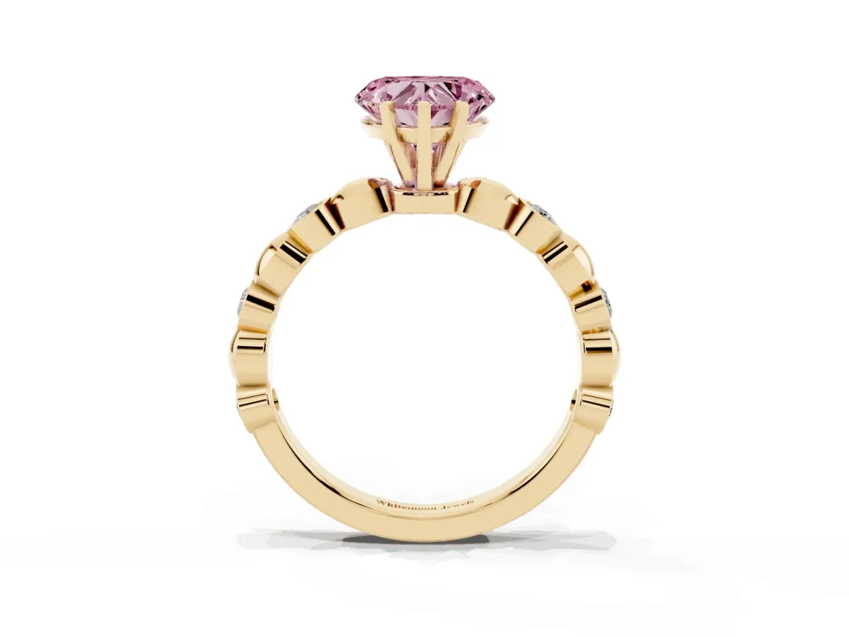 Fancy Pink Heart Cut Solitaire Bezel-Set Diamond Ring with Beaded Band and Four-Prong Setting Yellow gold
