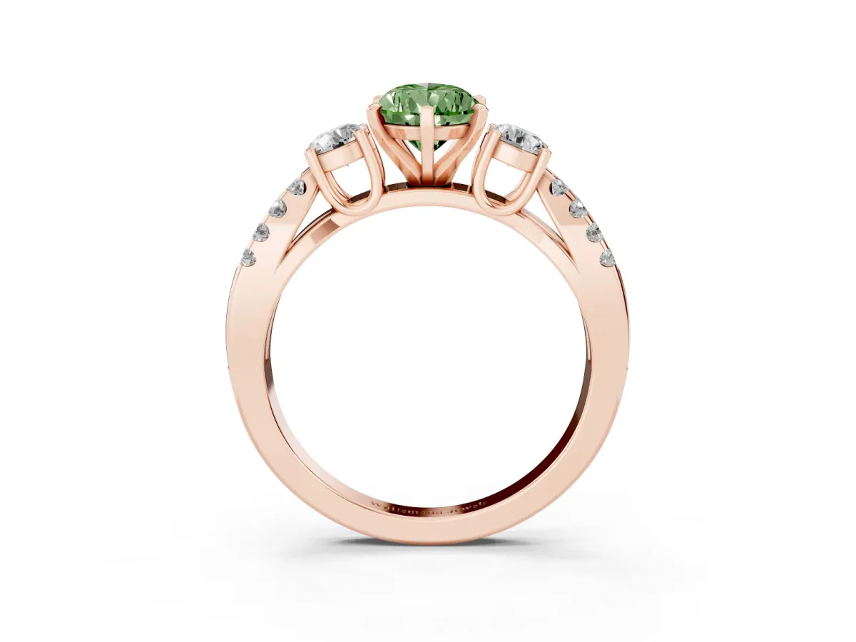 Fancy Green Pear Cut Diamond Three-Stone Ring with Pavé Split Shank and Four-Prong Setting Rose gold