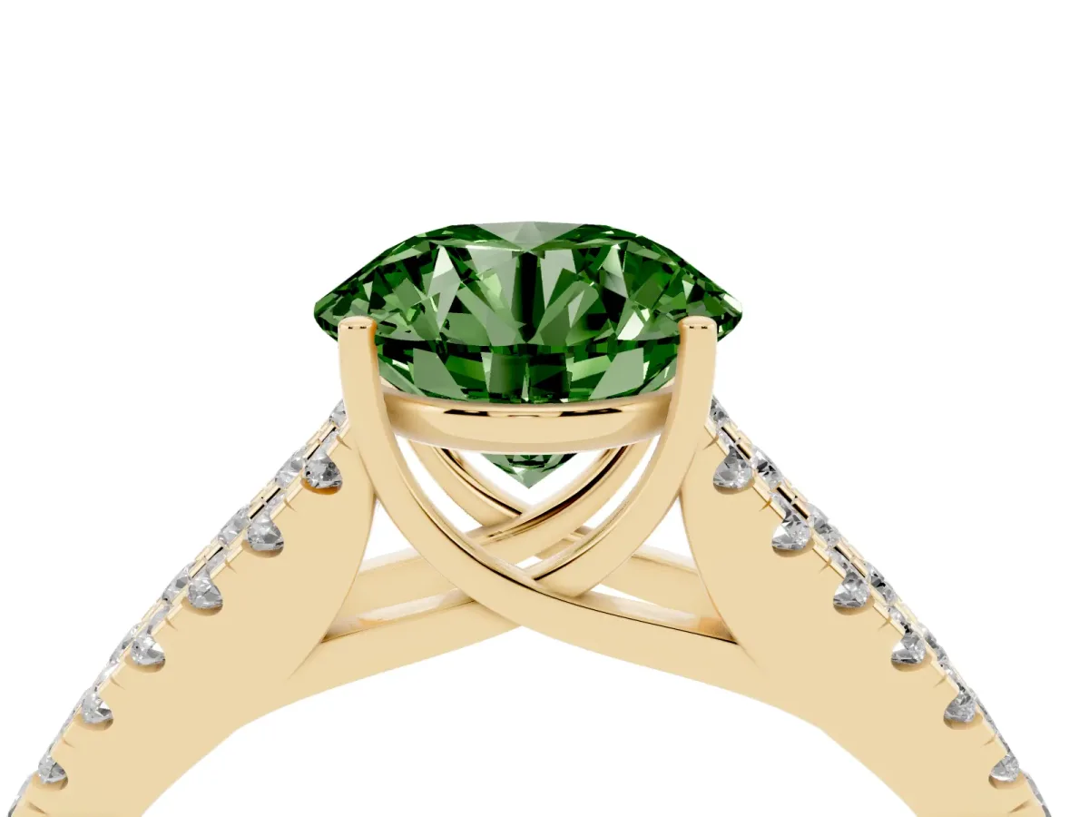 Fancy Green Round Cut Diamond Split Shank Engagement Ring with Round Pavé and Prong Setting Yellow gold