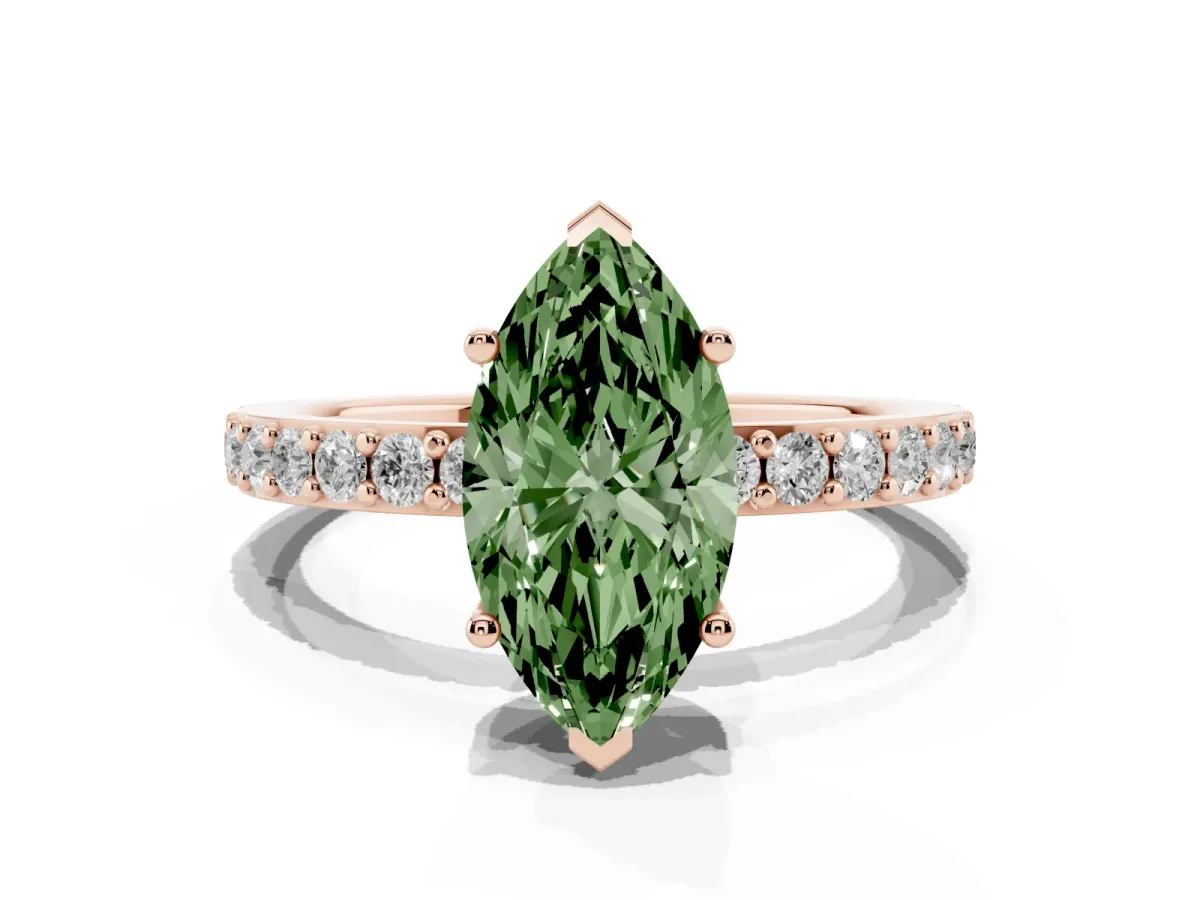Fancy Green Marquise Cut Cut Diamond Solitaire with Pave Band and Four-Prong Setting Rose gold