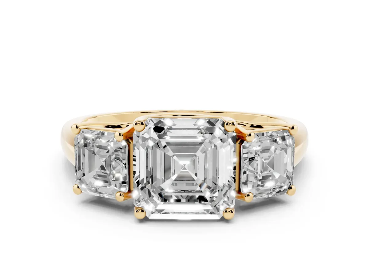 Three-Stone Asscher Cut Diamond Engagement Ring with Prong Setting Yellow gold