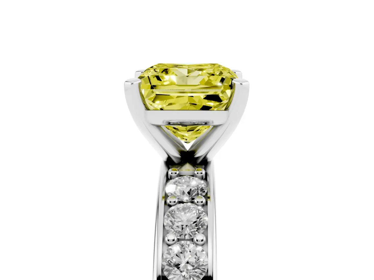 Fancy Yellow Princess Cut Diamond Engagement Ring with Channel Set Round Band and Prong Setting Platinum