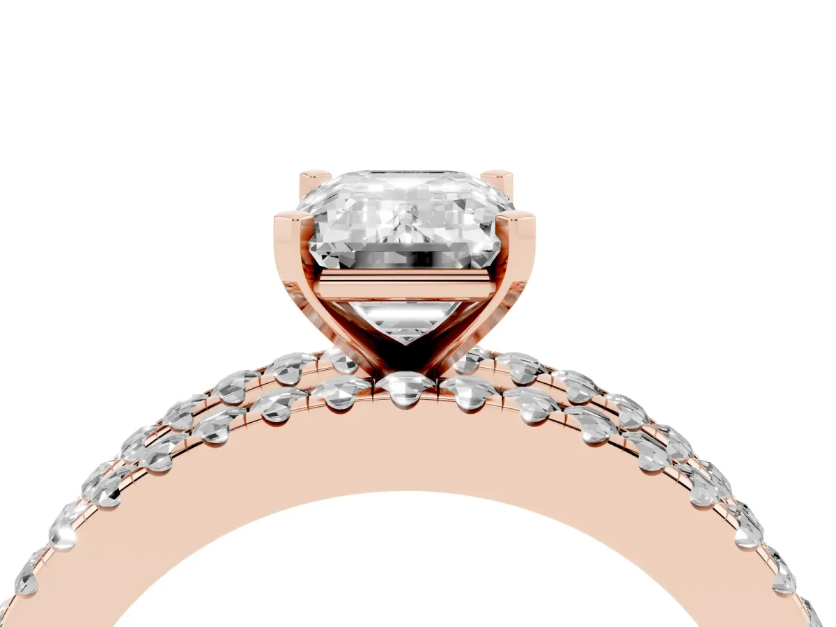 Emerald Cut Diamond Solitaire Ring with Pavé and Channel Set Band Rose gold