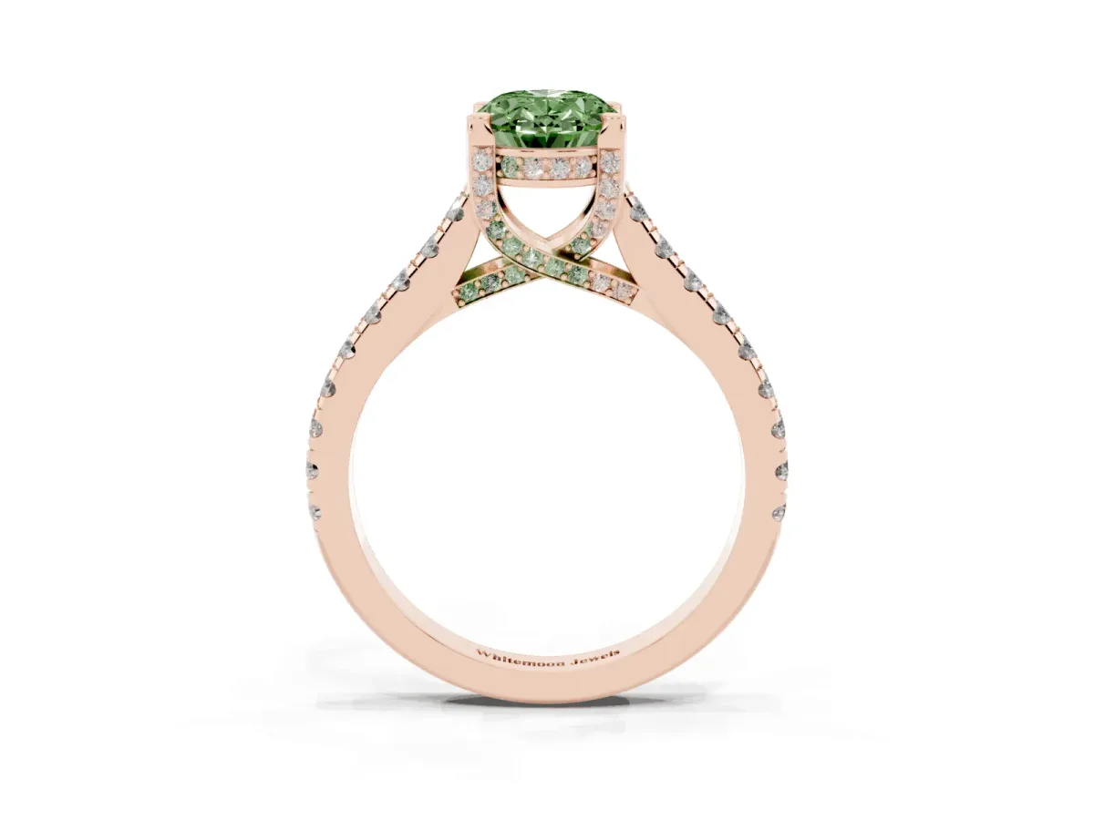 Fancy Green Oval Cut Brilliant Diamond Solitaire with Pavé Band and Four-Prong Setting Rose gold
