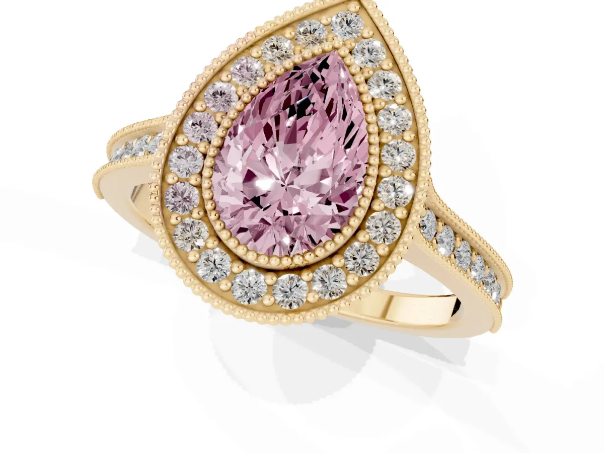Fancy Pink Halo Pear Cut-Cut Diamond Pave Band Milgrain Prong Setting Ring Yellow gold