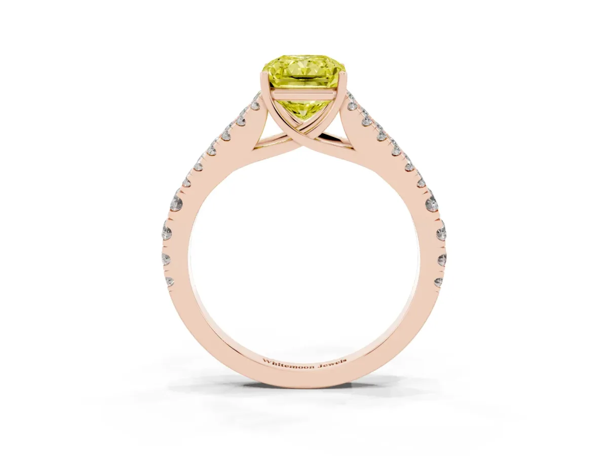 Fancy Yellow Radiant Cut Diamond Split Shank Engagement Ring with Round Pavé and Prong Setting Rose gold