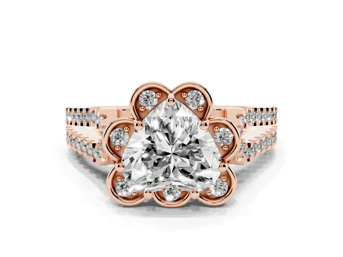 Heart Cut Halo Diamond Floral Split Shank Engagement Ring Rose gold
