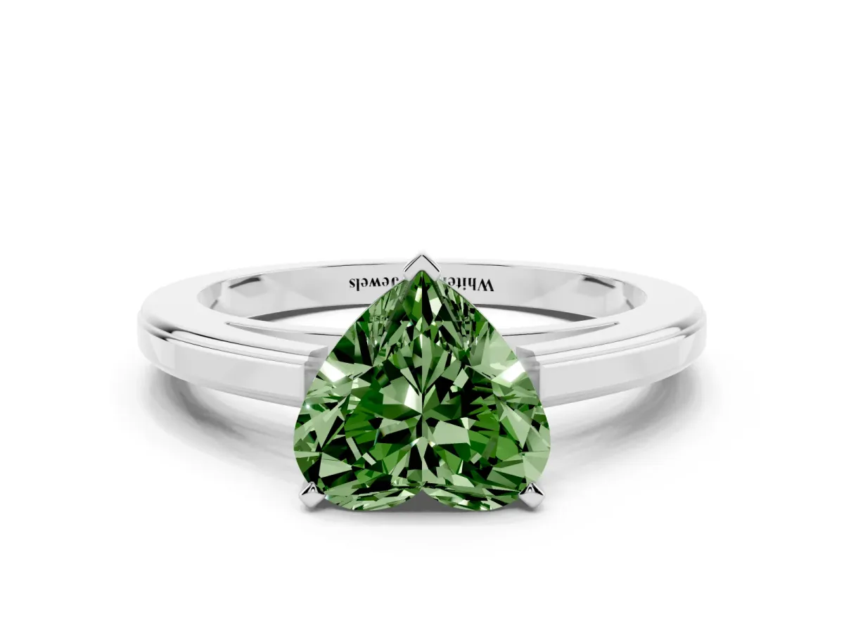 Fancy Green Heart Cut Solitaire Diamond Ring with Four-Prong Setting and Classic Band Silver