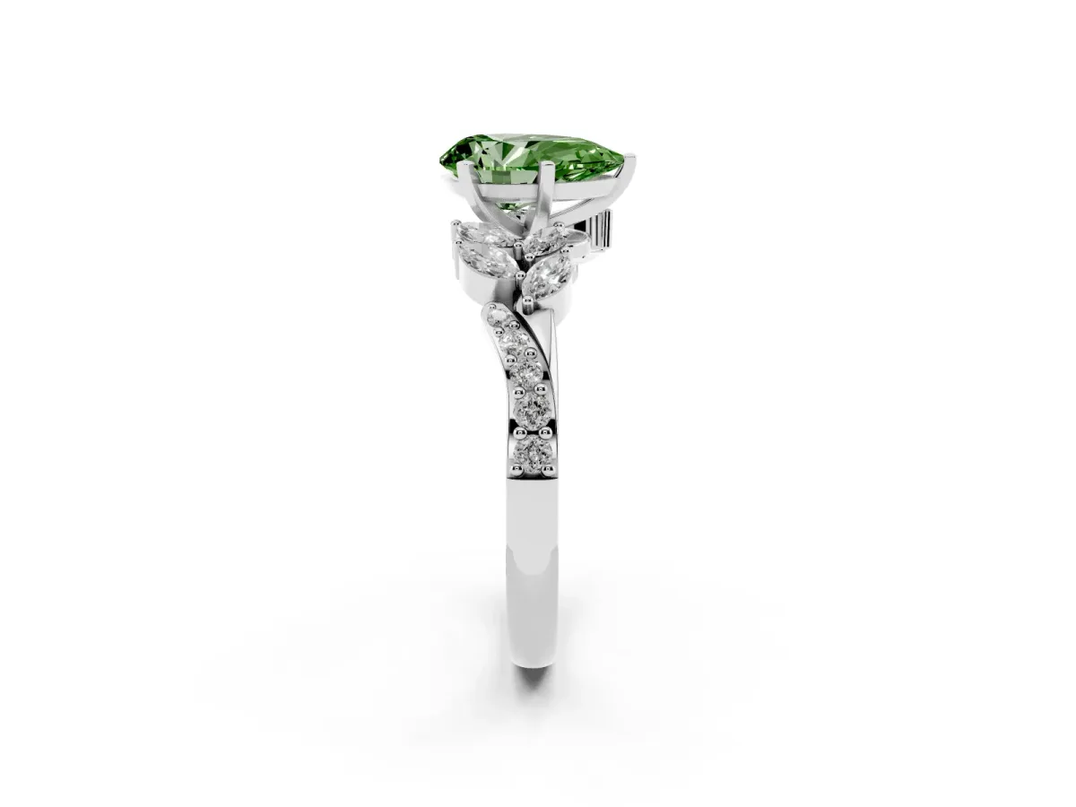 Fancy Green Pear Cut Solitaire Marquise Twist Band with Six-Prong Setting Silver