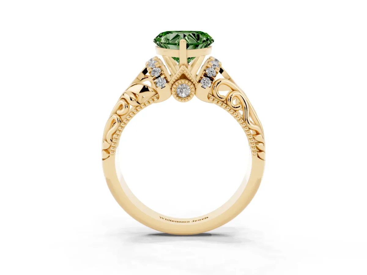 Fancy Green Heart Cut Solitaire Filigree Engagement Ring with Halo and Prong Setting Yellow gold