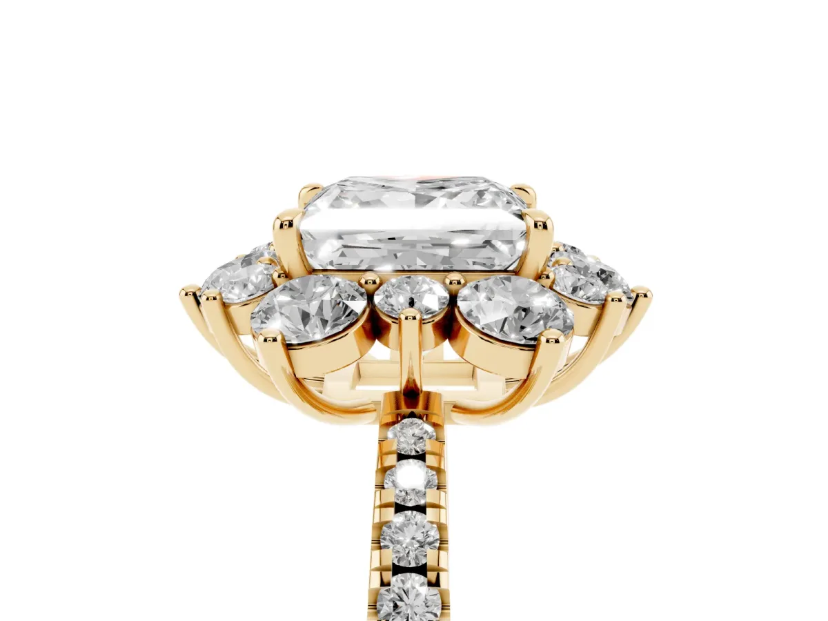 Princess Cut Diamond Floral Halo Ring with Round Pavé Band and Prong Setting Yellow gold