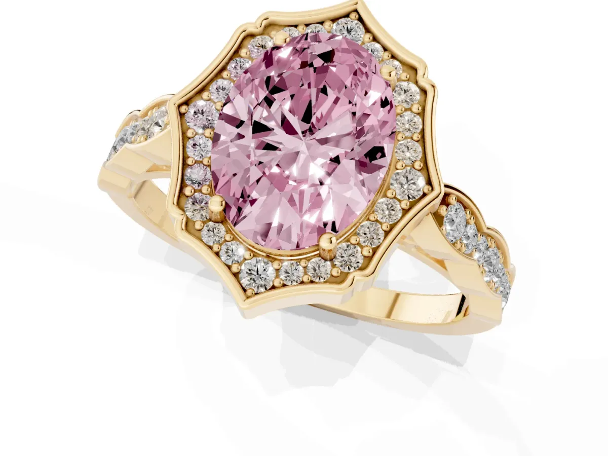 Fancy Pink Oval Cut Halo Diamond Engagement Ring with Milgrain Band and Four-Prong Setting Yellow gold