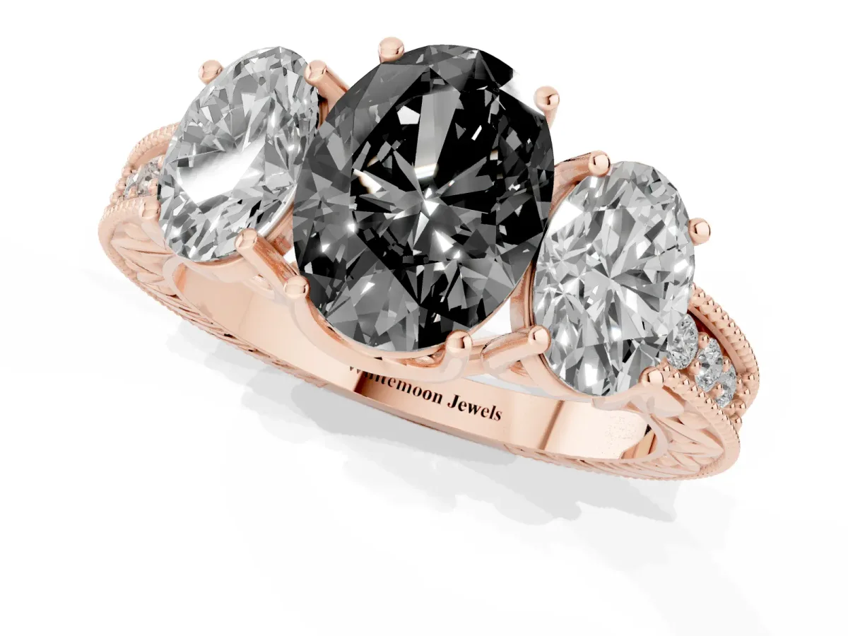 Fancy Black Three-Stone Oval Cut Cut Milgrain Pavé Engagement Ring Rose gold