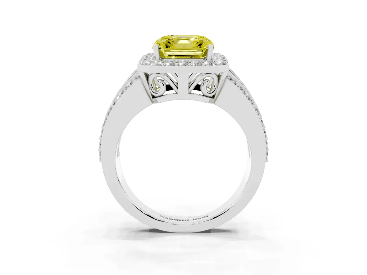 Fancy Yellow Asscher Cut Halo Diamond Ring with Round Split Shank and Prong Setting Platinum