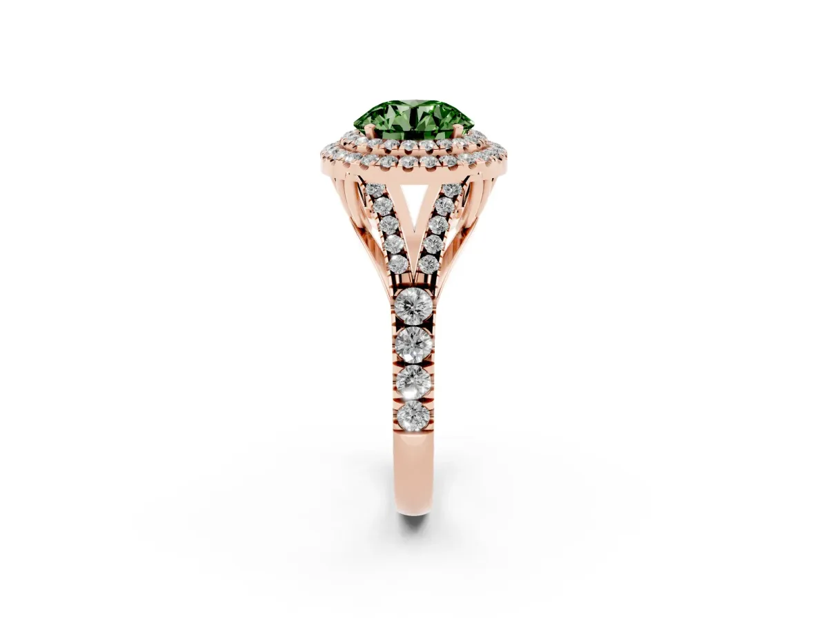 Fancy Green Round Cut Cut Double Halo Split Shank Diamond Ring with Prong Setting Rose gold