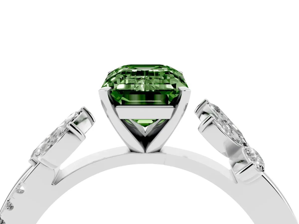 Fancy Green Emerald Cut Diamond Floral Vine Solitaire Engagement Ring Platinum