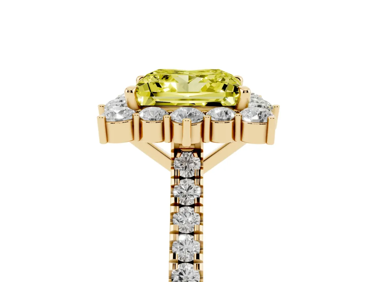 Fancy Yellow Princess Cut Halo Diamond Ring with Pavé Band and Prong Setting Yellow gold