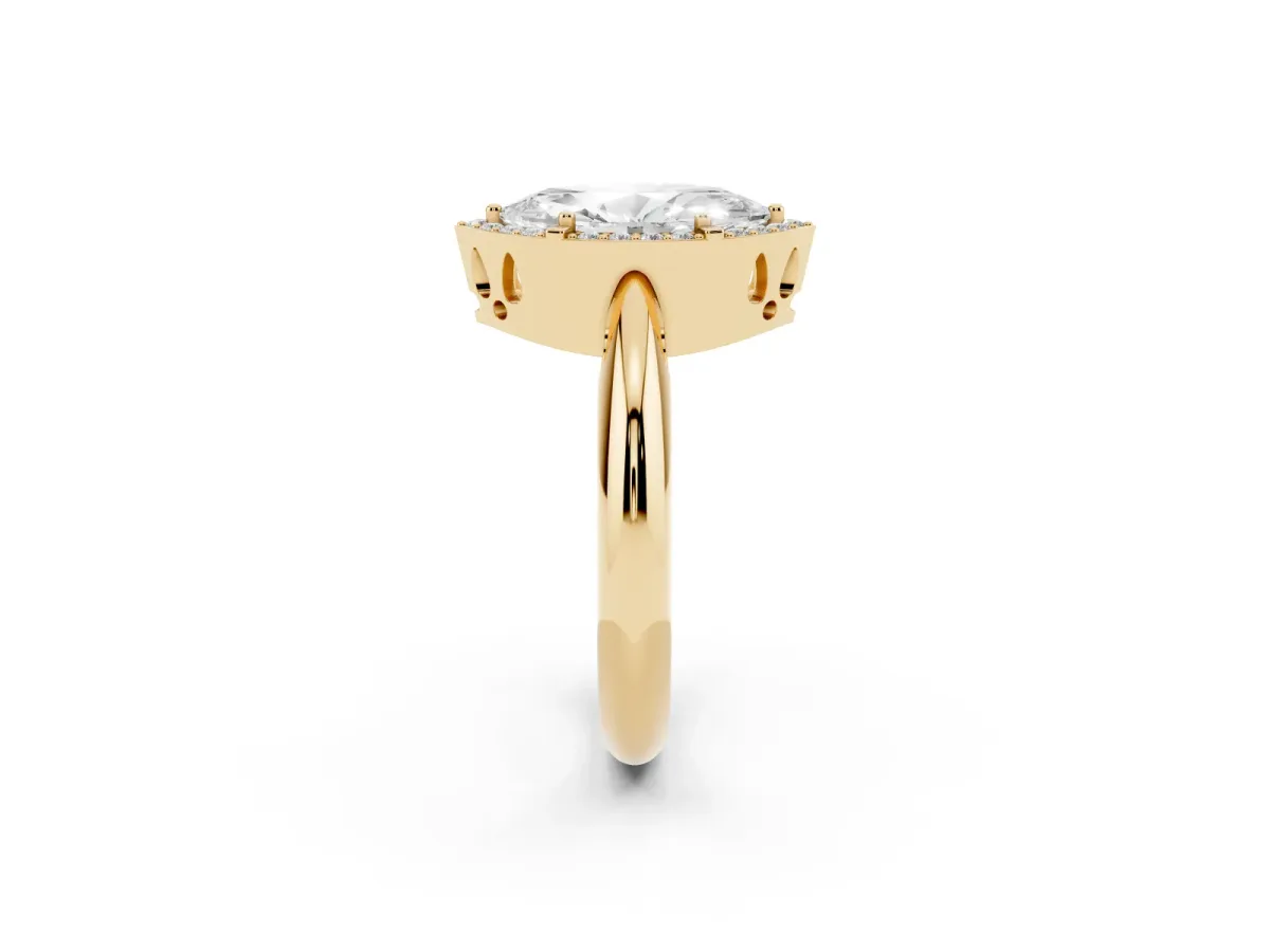 Marquise Cut Cut Diamond Halo Engagement Ring with Split Shank and Four-Prong Setting Yellow gold