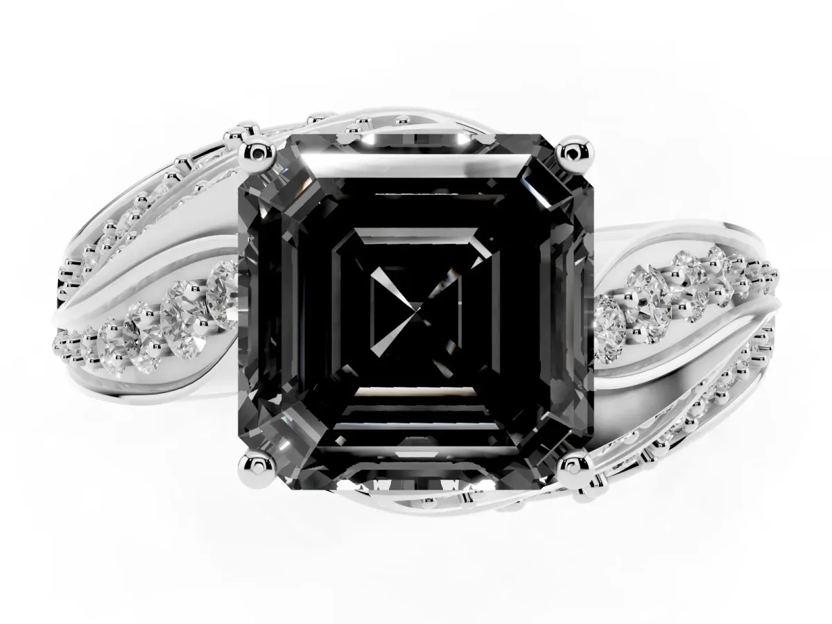 Fancy Black Asscher Cut Diamond Solitaire Ring with Prong Setting and Twisted Pavé Band Silver
