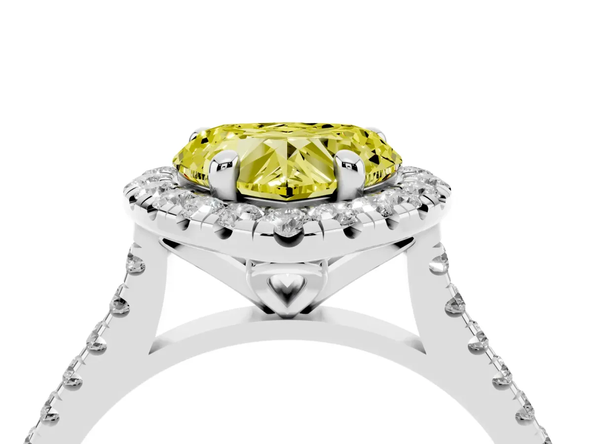 Fancy Yellow Heart Cut Diamond Cushion Halo Ring with Pavé Band Platinum
