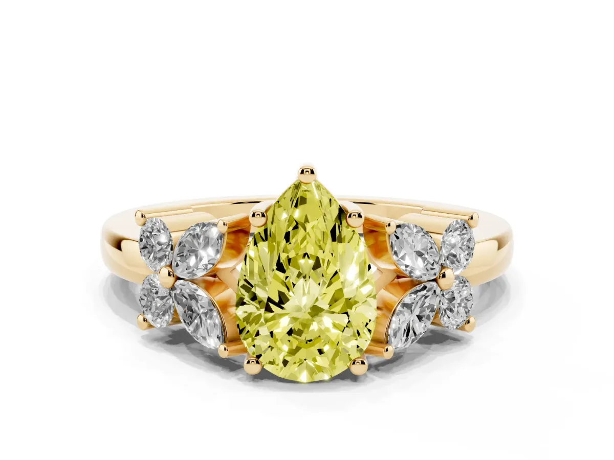 Fancy Yellow Pear Cut Diamond Floral Cluster Ring with Solitaire Band and Prong Setting Yellow gold